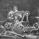 An old black and white illustration of a man working to reassemble a large human skeleton on a work table.