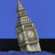 illustration with Big Ben clocktower sinking beneath waves at angle on purple background