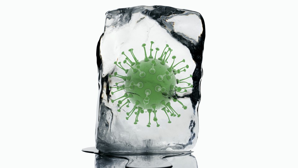 Artwork of a green coronavirus particle inside a block of ice