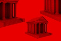 An illustration showing three banks set against a red background