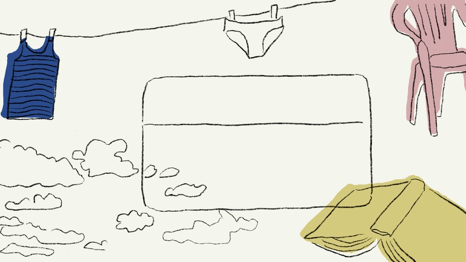 Simply drawn illustration of a blue tank top and briefs pinned to a clothesline, next to a pink lawn chair, gold book lying open face-down, and clouds.