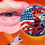 Illustration of Trump pointing at globe with fading American flag