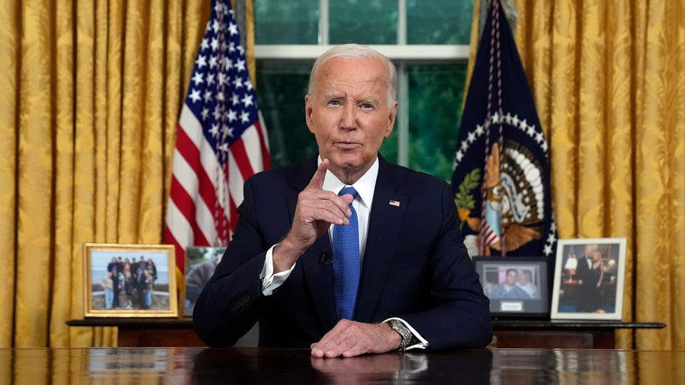 A photo of President Joe Biden addressing the nation from the Oval Office