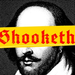 The word "shooketh," in red with a yellow background, superimposed on a black-and-white image of Shakespeare's face