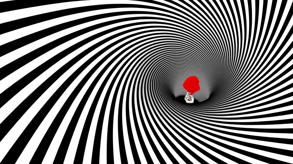 An image of a Trump hat in a black-and-white spiral