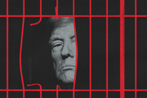 Black-and-white photo of Donald Trump behind broken jail bars