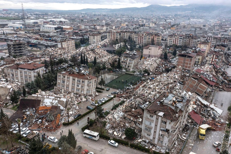 An aerial shot of multiple collapsed buildings.