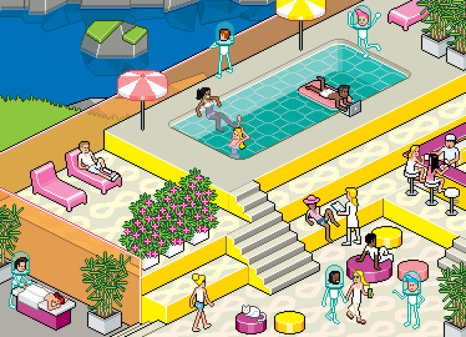 illustration of people mingling by pool and spa area