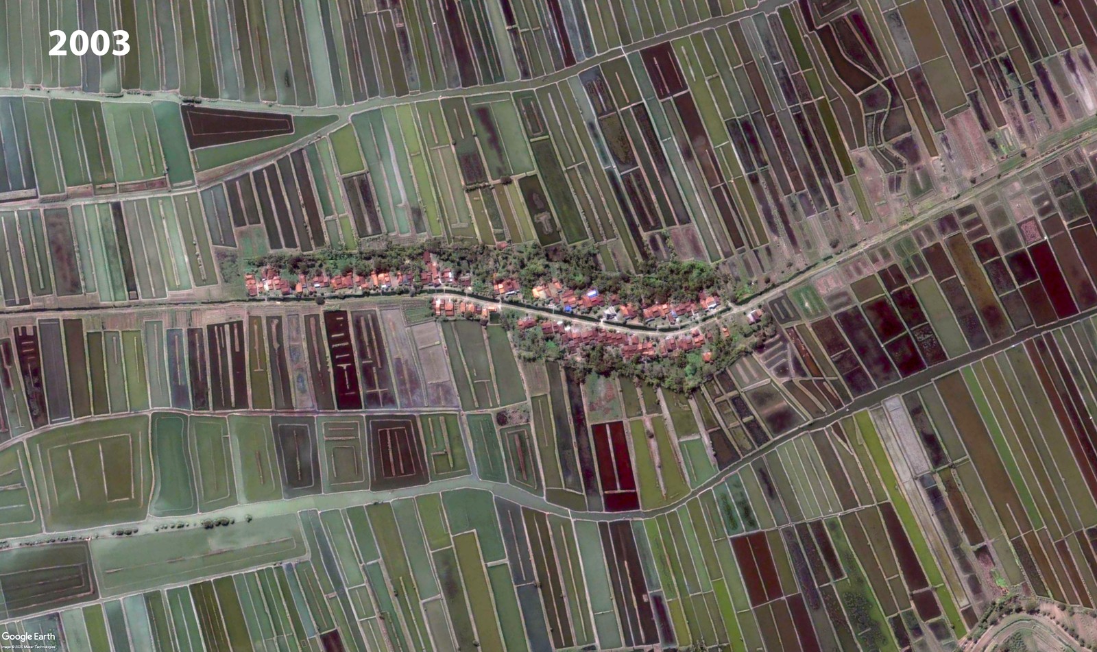 A satellite view showing a cluster of houses surrounded by roads, paths, and farm fields