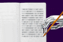 Animated image of a robot hand writing lines of code
