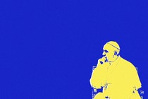 An illustration depicting an isolated Pope Francis in yellow against a blue background