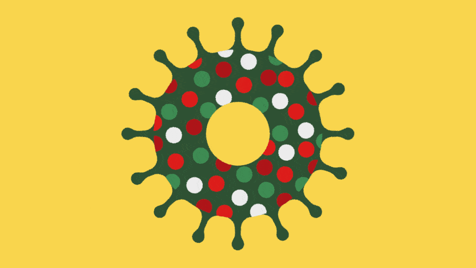 illustration of green coronavirus as wreath with blinking lights