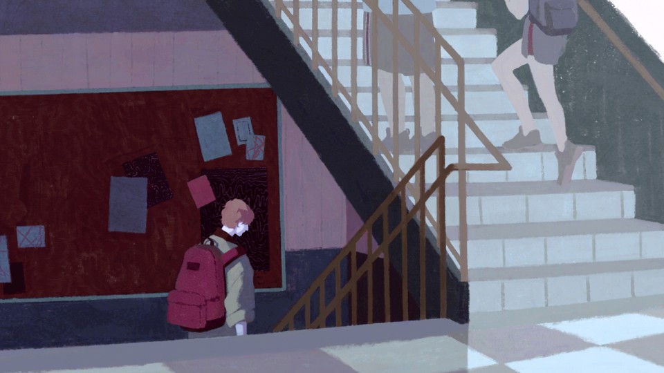 Illustration of a boy standing alone on school stairs