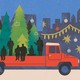 An illustration of friends on a the back of a pickup truck filled with Christmas trees.