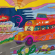 brightly painted bus driving down road with '60s-style sunset and diner waitresses with pie