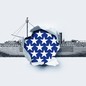 Illustration showing a paper drawing of a ship, but a circle pierced in the middle shows the stars of the American flag.