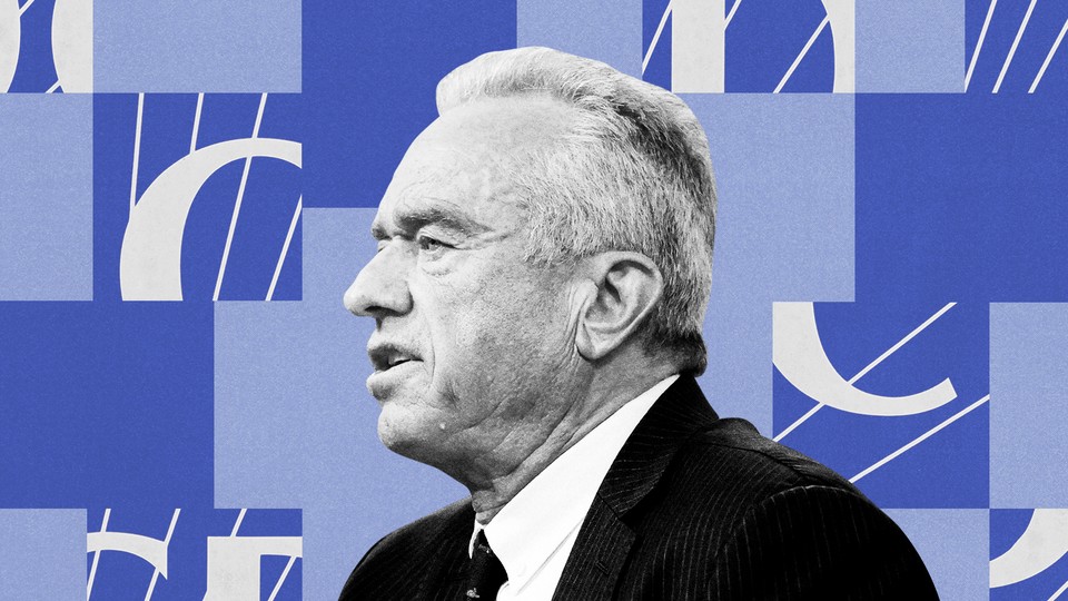 A black-and-white profile portrait cut-out of Robert F. Kennedy Jr. wearing a suit, over a background of tiles with snippets of the CDC logo alternating with plain blue tiles.