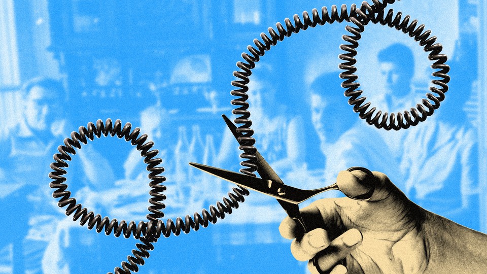 An illustration of a pair of scissors cutting a phone cord, with a portrait of a family in the background