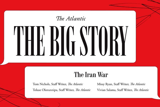 Black text in a white speech bubble on a red background that reads: The Big Story The Iran War