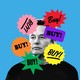 An illustration featuring Elon Musk with "Buy!" signs buzzing around his head