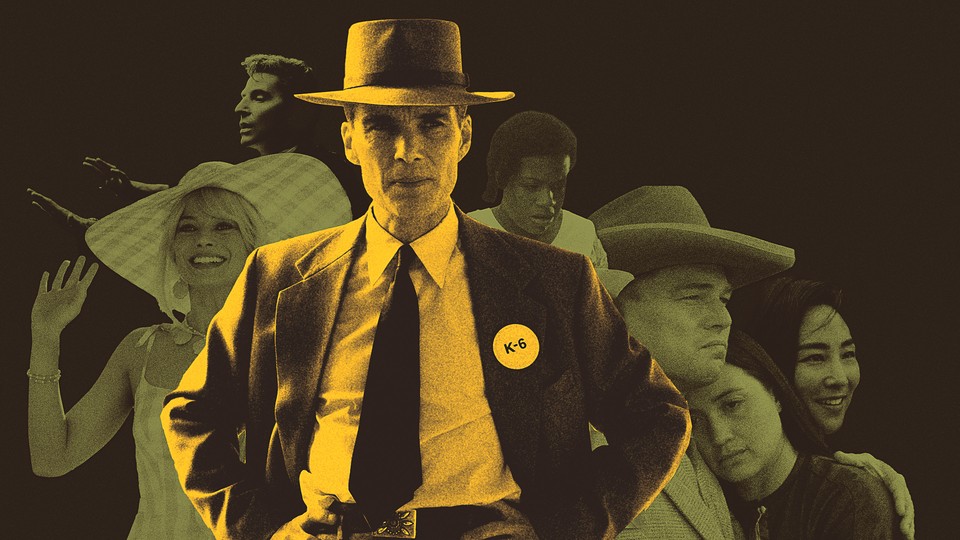 A collage of images from the films “Barbie,” “Oppenheimer,” “Maestro,” “Killers of the Flower Moon,” and “The Color Purple”