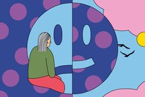 Colorful illustration of a person sitting on a cartoon face split between smiling and frowning