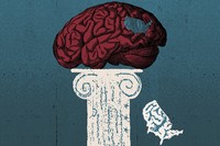 A section of a brain, shaped like the United States, falls from the pedestal holding it up.