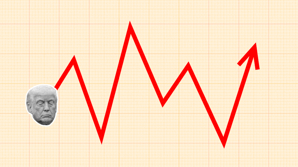 A graph going up and down with Trump's face at the peak and trough