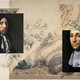 Image of two Renaissance men, on separate sides of the picture, against an ornate background.