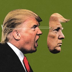 An illustration of Donald Trump with a mask on his face.