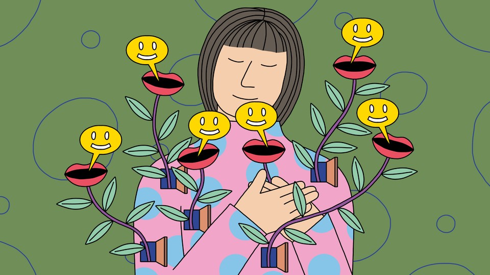 A woman holds her hands to her heart while plants grow out of her torso and release smiley-face speech bubbles.