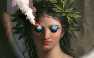 An illustration of an ancient Greek figure with globes for eyes, one of which is on fire and smoking