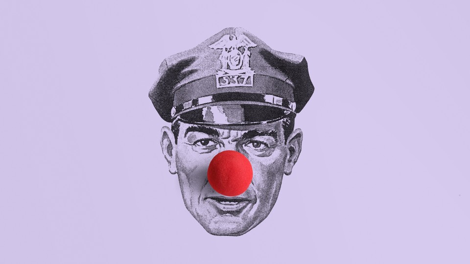 An illustration of a law-enforcement officer with a red clown nose