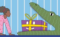Illustration of a child crawling on the floor toward an alligator with a present in its mouth