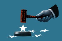 On a deep cerulean background a hand extends from the right side. A suite jacket and white shirt sleeve is visible above the hand. The hand is holding a red gavel and preparing to crush a bright white star that is upright. To the right and left of the star are other white stars, laying flat, that have been cracked.