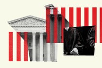 An image of the Supreme Court, judge's robes, and red lines