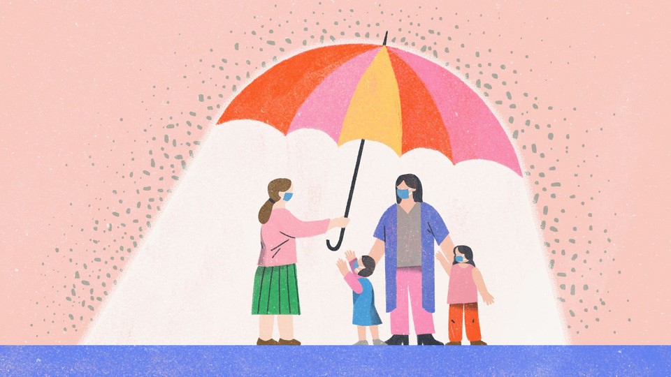 Illustration of a woman holding a giant umbrella over another woman and her two kids. One of the kids is reaching out toward the woman holding the umbrella.