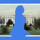 A silhouette of Kamala Harris superimposed over a White House postcard