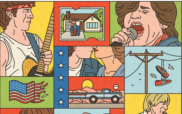 A color collage of illustrations of Bruce Springsteen, John Mellencamp, Bob Seger, Tom Petty, and a series of images evoking the American heartland: a tattered American flag, a suburban home, a worker punching a time sheet, a truck driving along a highway, a couple kissing, and a pair of sneakers strung over a power line.