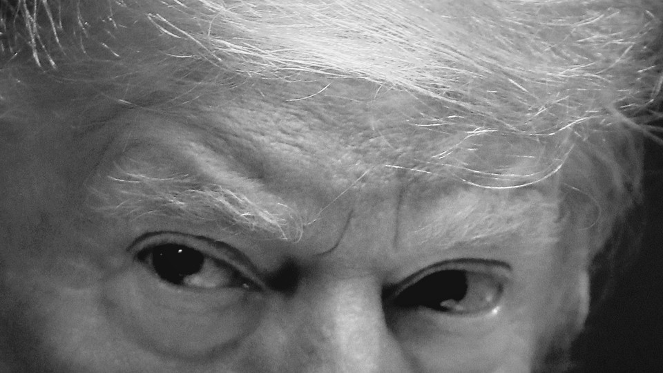 The upper half of President Trump's face, rendered in black and white