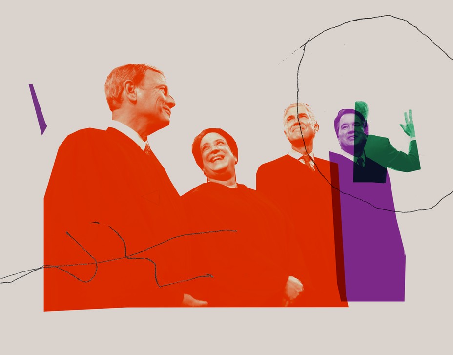 Illustration: layered photos of Justices Roberts, Kagan, Gorsuch, Kavanaugh, and hand raised for oath of office
