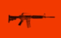 A fuzzy image of an AR-15 rifle against a red backdrop