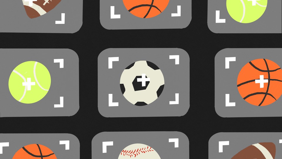 An illustrated collage of baseballs, tennis balls, basketballs, and footballs, each positioned within a camera viewfinder.