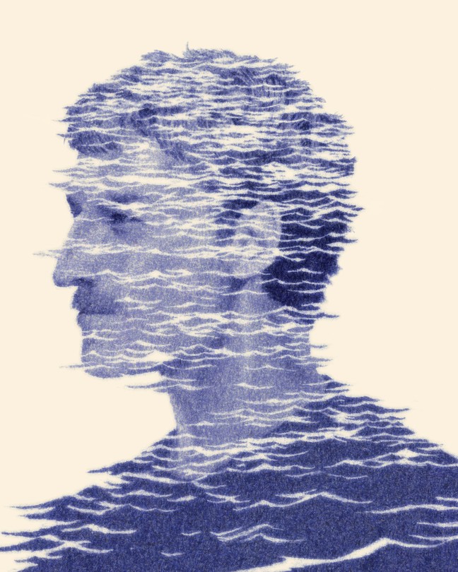 Profile illustration of a man with a mustache, composed of navy-blue waves, on a beige background.