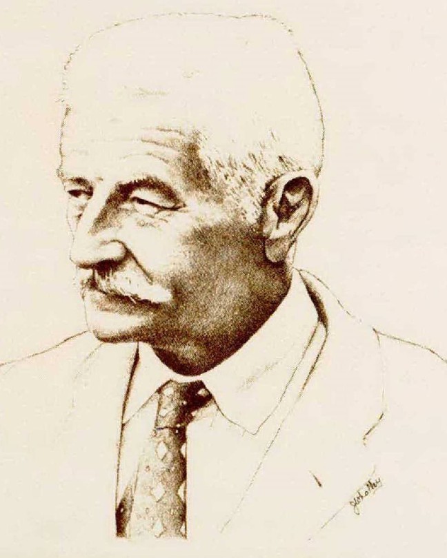 A line drawing of William Faulkner in older age