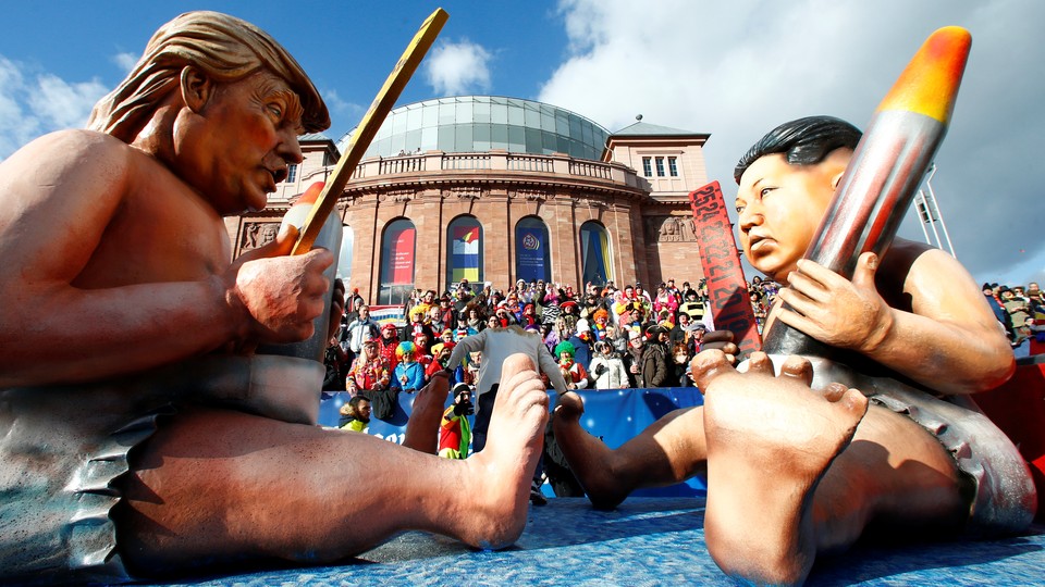 A carnival float depicting North Korean leader Kim Jong Un and U.S. President Donald Trump in Mainz, Germany, in 2018.