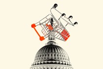 An upside-down shopping cart on top of the U.S. Capitol