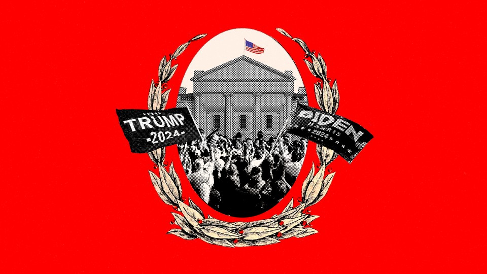 An illustration featuring a picture of a crowd in front of the White House holding flags that read "Trump 2024" and "Biden Harris 2024"