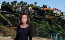 Illustration of Joan Didion standing on a beach with several large houses on the cliffs behind her