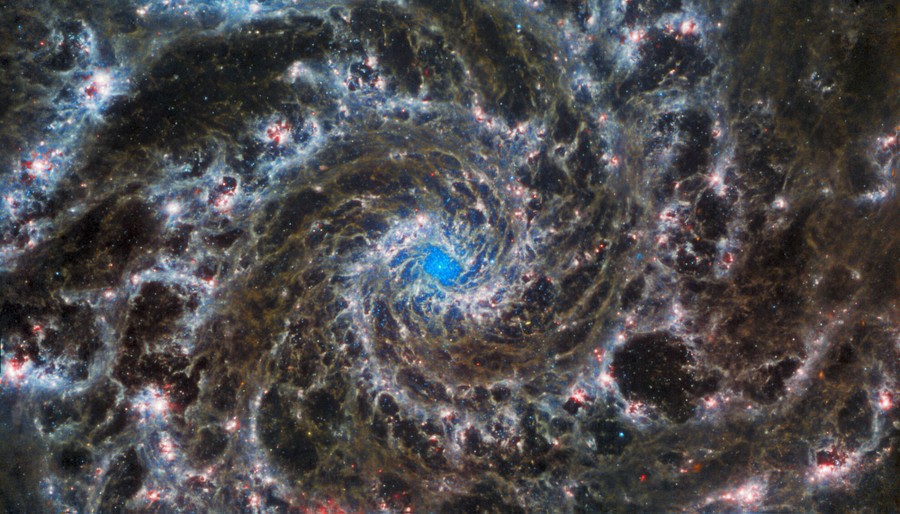 A view of the swirl at the center of a distant galaxy, looking like a whirlpool of clouds and stars.